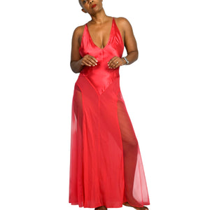 Victorias Secret Red Silk Nightgown Satin Sheer Tulle Chiffon Long Maxi Slip XS