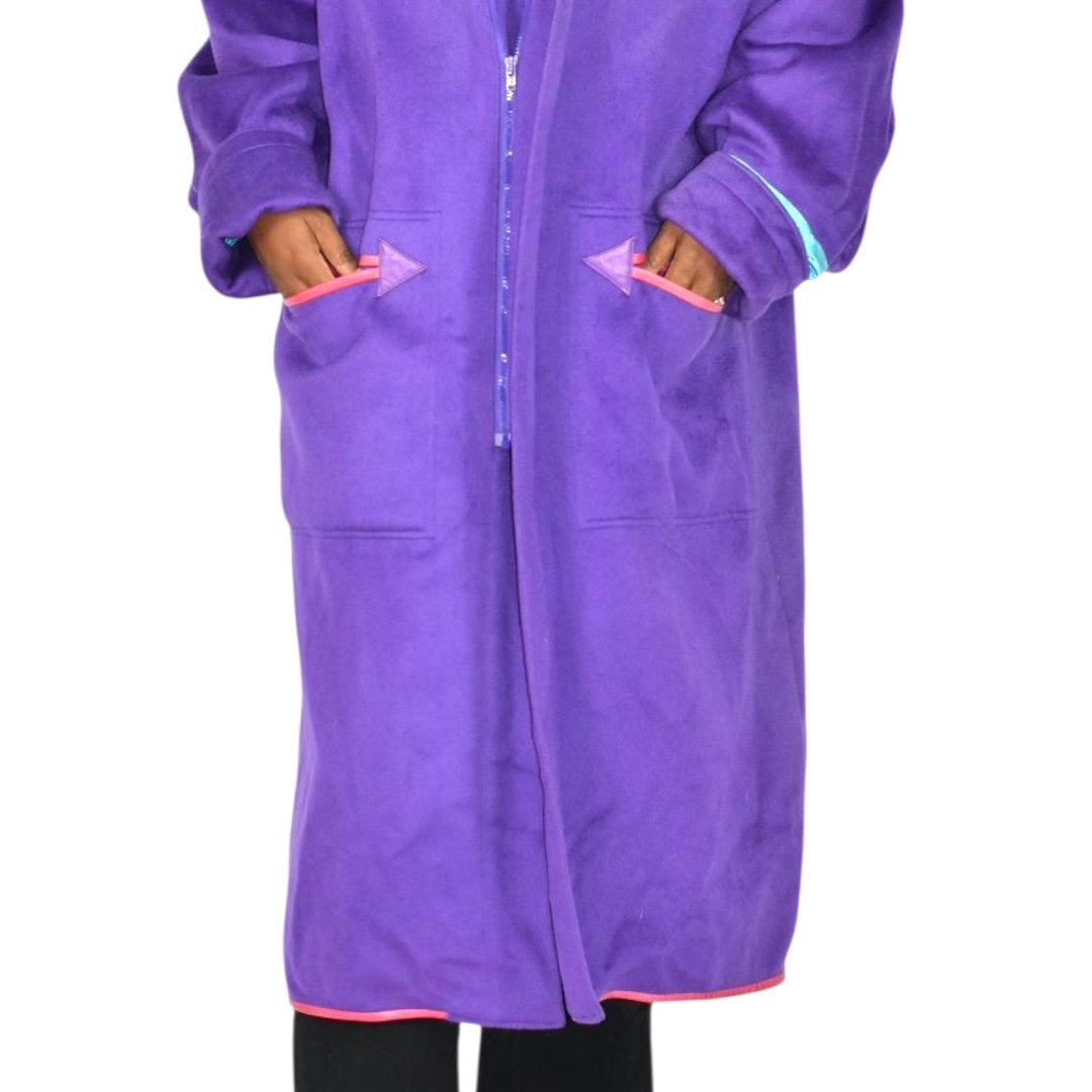Vintage Purple Maxi Coat 90s Zip Felted Wool Blend Oversized Leather Trim Long Large OSFM