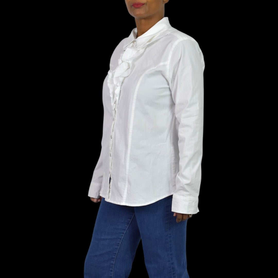 Back in the Saddle White Shirt Equestrian Cowgirl Collared Button Front Ruffled Fitted Tailored Large