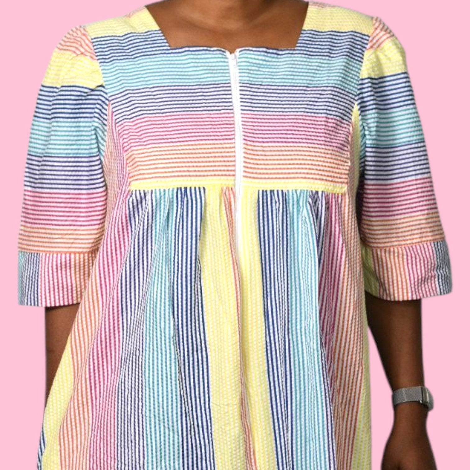 Vintage Saybury Rainbow Stripe Dress Pink Seersucker Sundress Long Patio House Sack Housecoat Muumuu Large