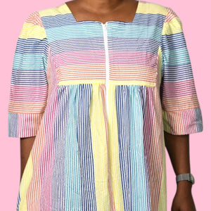 Vintage Saybury Rainbow Stripe Dress Pink Seersucker Sundress Long Patio House Sack Housecoat Muumuu Large