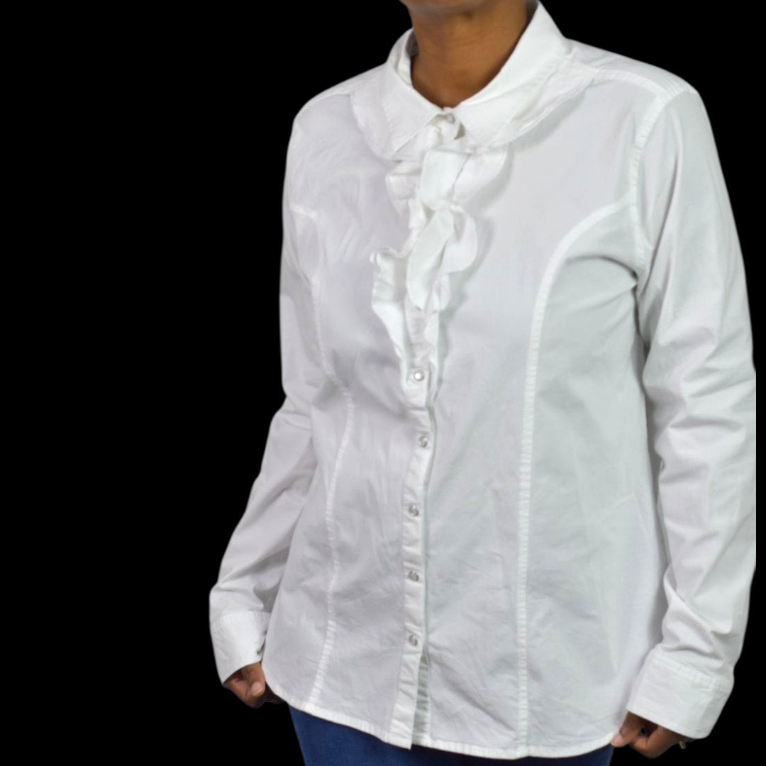Back in the Saddle White Shirt Equestrian Cowgirl Collared Button Front Ruffled Fitted Tailored Large
