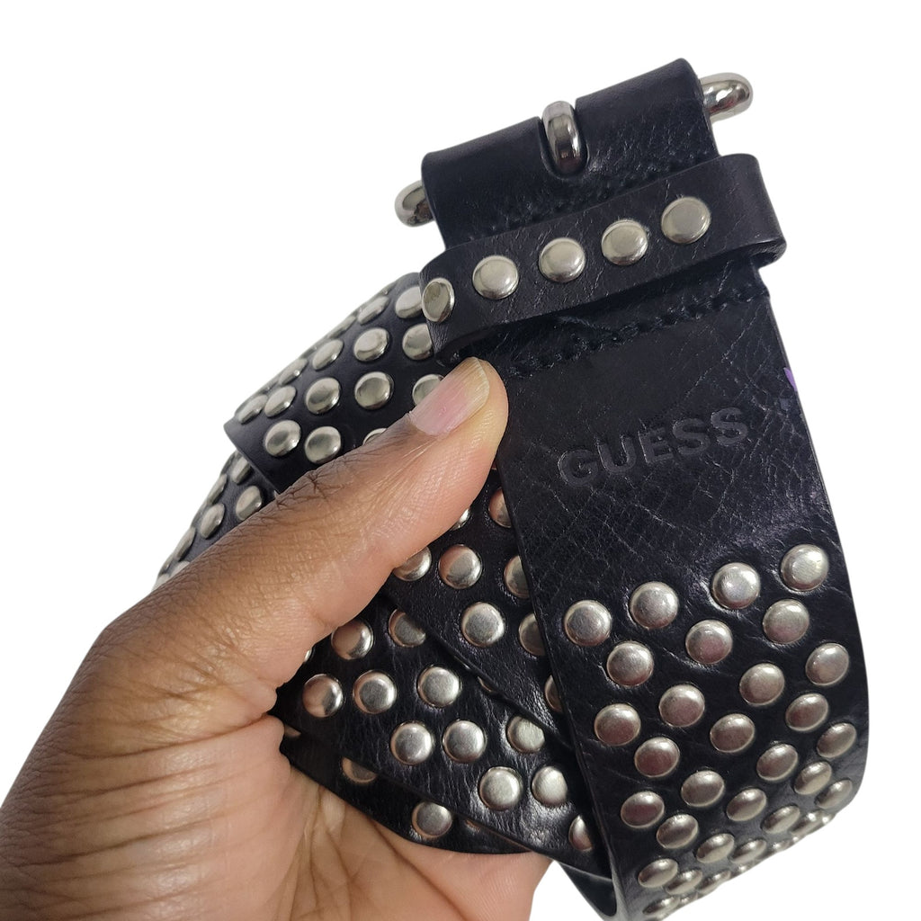 Guess Studded Leather Belt Silver Rivet Black Brass Buckle Edgy Moto Biker Large