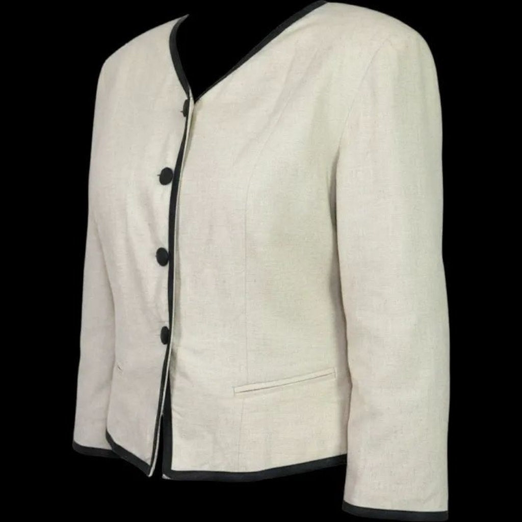 Vintage Althuser Linen Blend Blazer Jacket Beige Cropped Black Trim Tailored Shoulder Pads 10