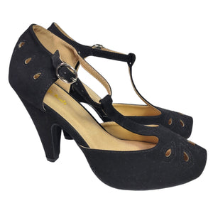 Modcloth T Strap Heels Black Pump Refreshed Zest Retro Ankle Strap Cutout Size 9