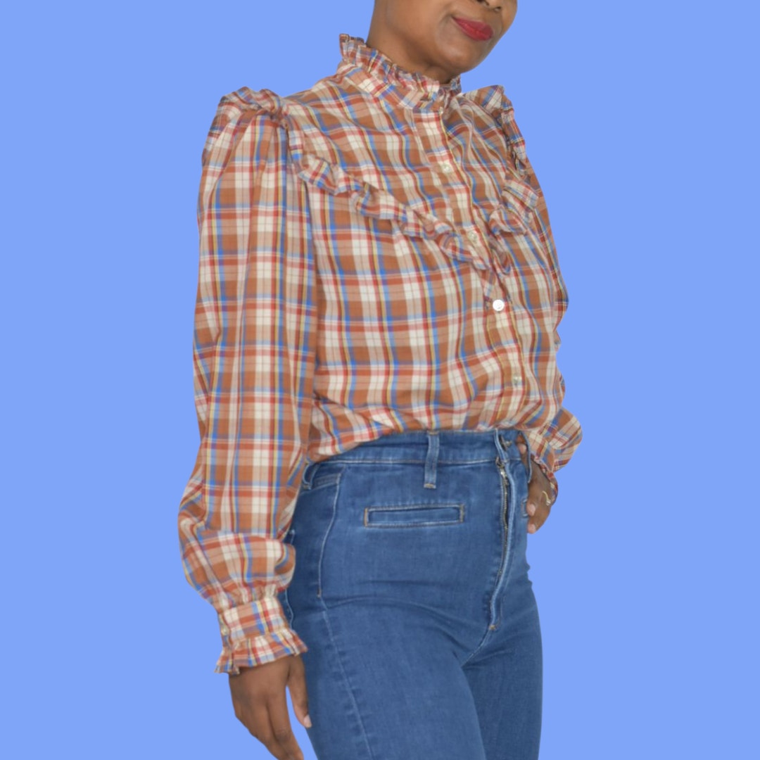 Vintage Plaid Ruffle Blouse Brown Victorian High Neck Shirt Homemade Yoked Small