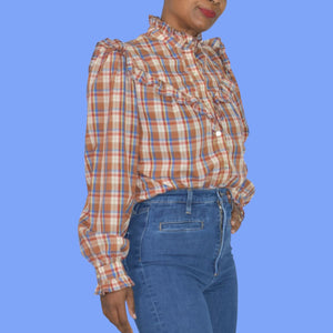 Vintage Plaid Ruffle Blouse Brown Victorian High Neck Shirt Homemade Yoked Small