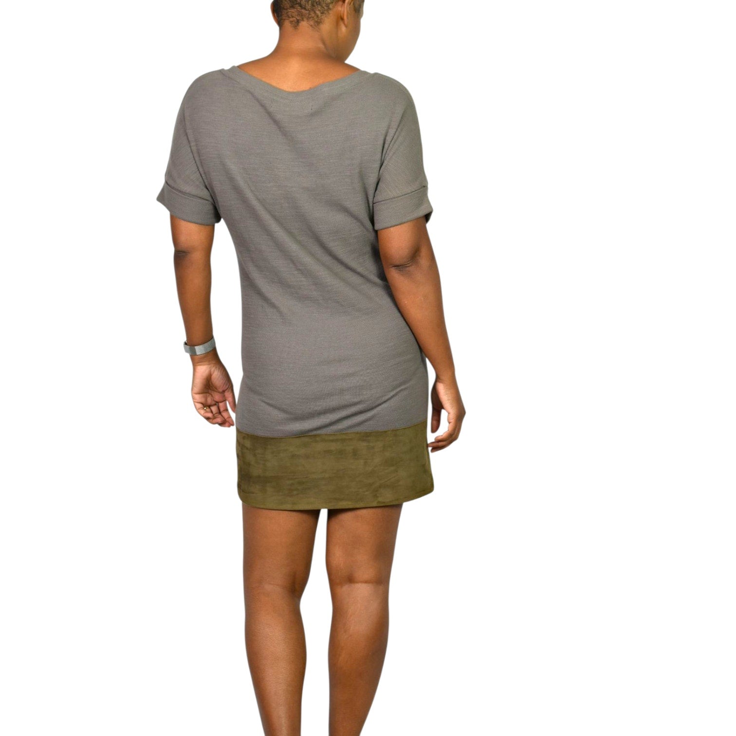 Allsaints Diego Tee Dress Grey Cotton Suede Colorblock Shift Knit Mini Pockets Minimalist XS