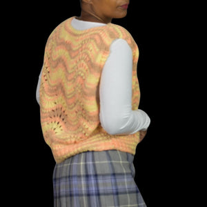 Homemade Sweater Vest Top Jerkin Yellow Vintage Hand Knit Knitted Pastel Wave Medium