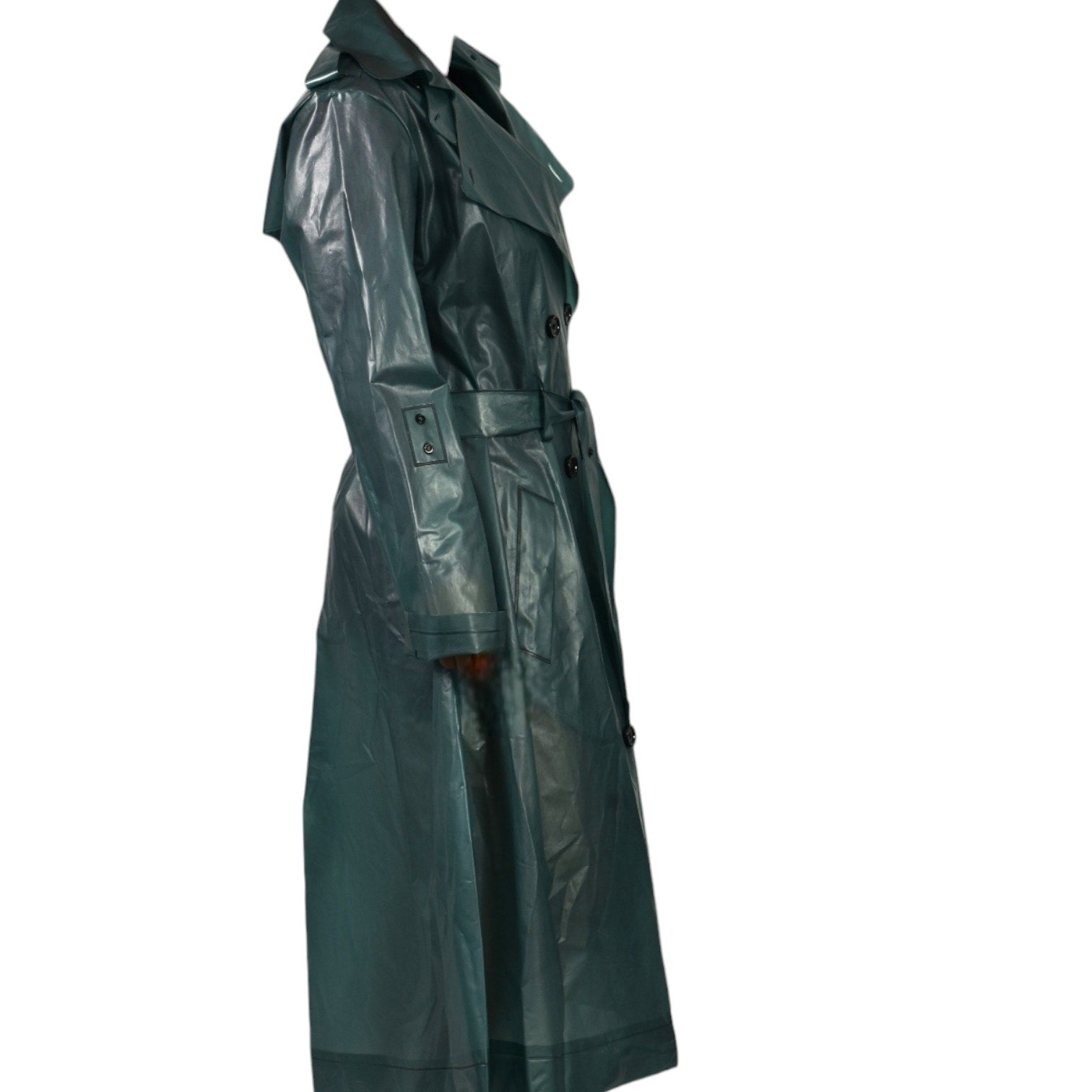 Dorothee Schumacher Techno Transparency Trench Coat Green Teal Vinyl Raincoat Belted Transparent XL