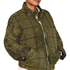 Free People Dolman Quilted Knit Jacket Green Olive Bomber Oversized Cotton Coat XS
