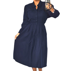 Blue Berry Retro Office Midi Dress Blue Navy Shirt Shoulder Pads Collar Pleated Small 2 4