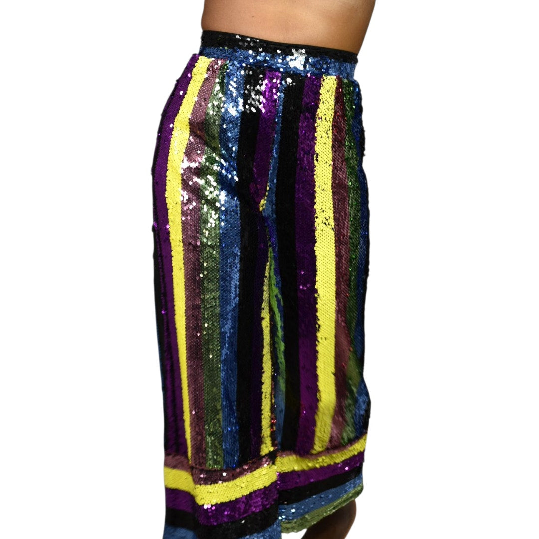 Fashion Nova Sequin Pants Rainbow Stripe Multicolor Cropped Wide Leg Colorblock Small
