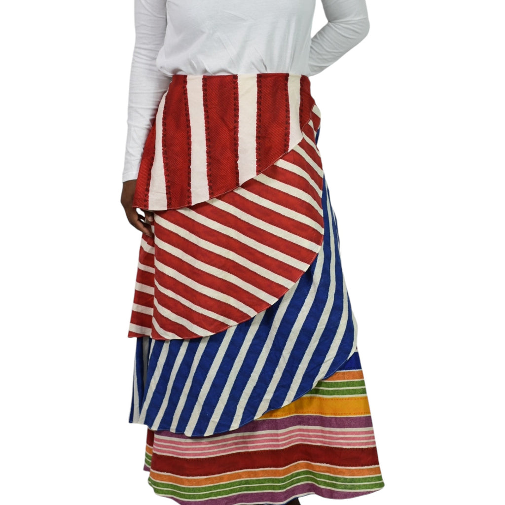 Farm Rio Amazing Stripes Skirt Red Multi Tiered Frilled Layers Chevron Rainbow Printed Midi Blue Linen Blend Size Large