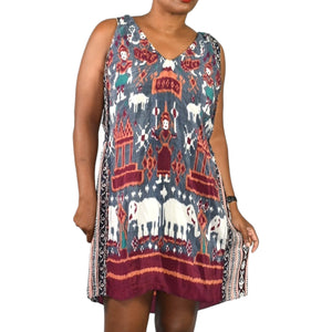 Calypso St Barth Doyah Silk Dress Red Ikat Tunic Elephant Print Jersey Bohemian Size Small