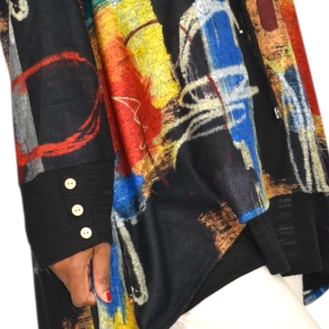 Ali Miles Abstract Art Cowl Neck Tunic Multicolor Black Print Sweater Top Lagenlook Plus 2X