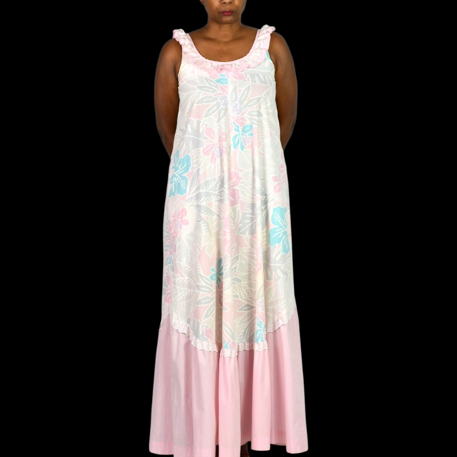 Vintage Hilda Hawaii Dress Pink Pastel Hawaiian Floral Maxi Tiered Eyelet Muumuu Small