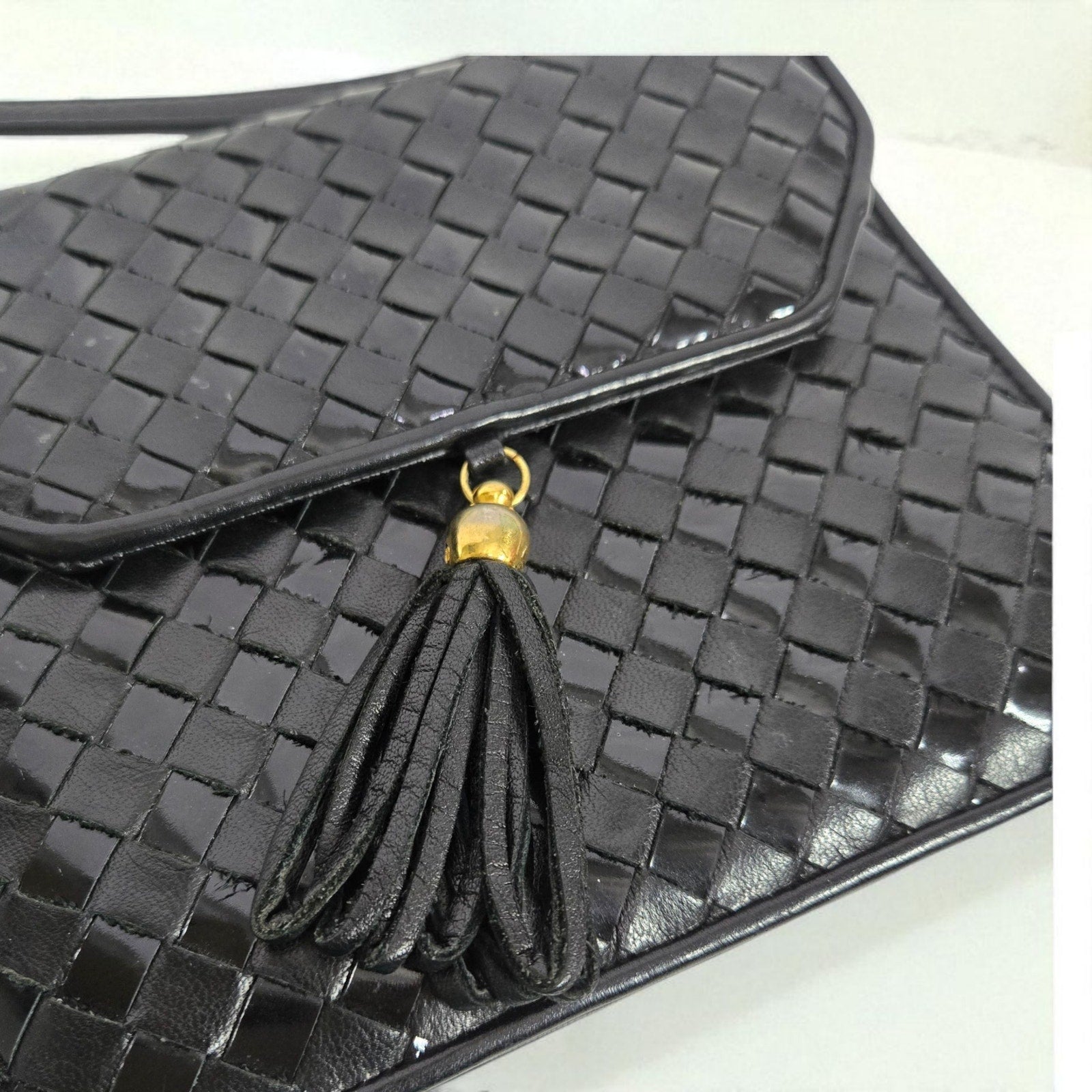 Vintage Talbots Woven Tassel Bag Black Leather Crossbody Mini Box Square Snap Flap Envelope