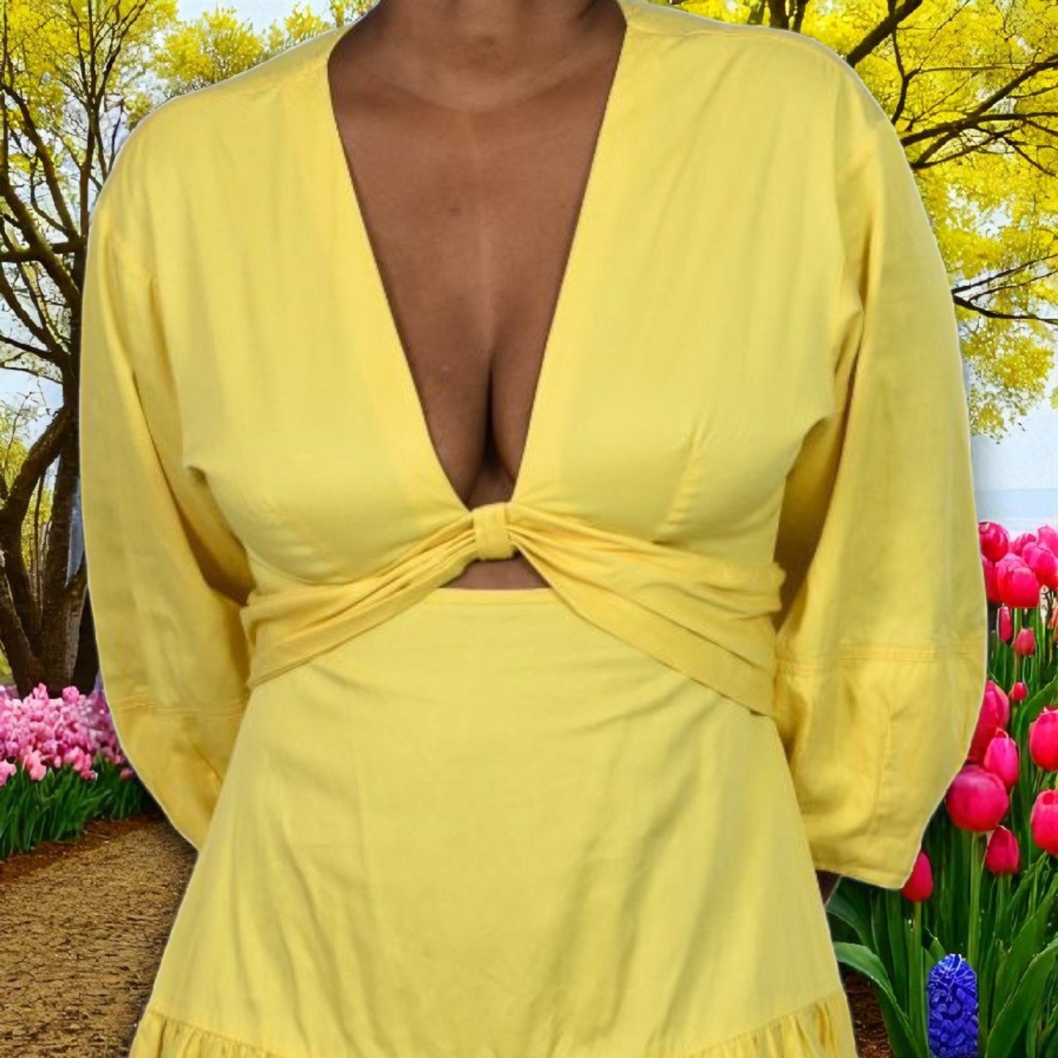 Derek Lam Twist Front Midi Dress Yellow Waist Cutout Poplin Cotton Tiered Medium 40 8