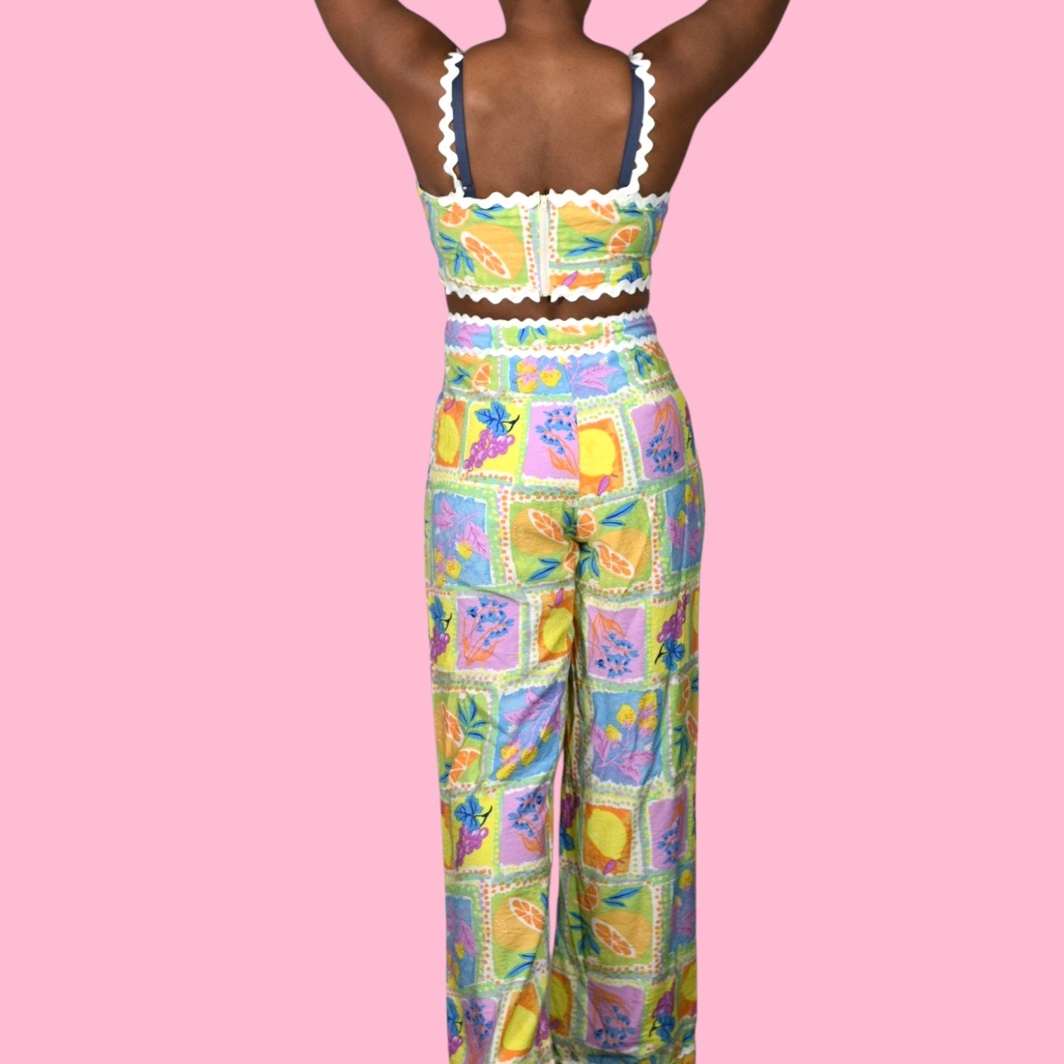 Fore Fruit Print Pant Set Yellow Block Print Matching CoOrd Crop Top Wide Leg Medium