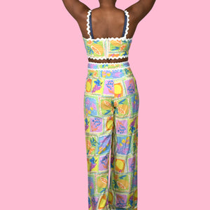 Fore Fruit Print Pant Set Yellow Block Print Matching CoOrd Crop Top Wide Leg Medium