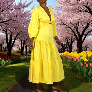 Derek Lam Twist Front Midi Dress Yellow Waist Cutout Poplin Cotton Tiered Medium 40 8