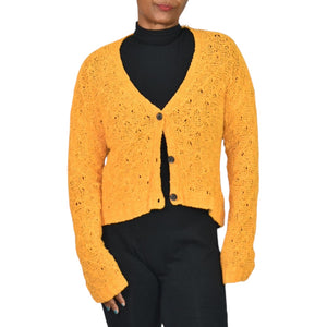 American Eagle Cropped Cardigan Sweater Yellow Slouchy Crochet Cotton Blend Knit Boxy V Neck XS