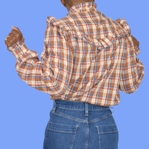 Vintage Plaid Ruffle Blouse Brown Victorian High Neck Shirt Homemade Yoked Small