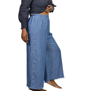 Show Me Your Mumu Explorer Pants Blue Chambray Flare Wide Leg High Waist Pull On Small