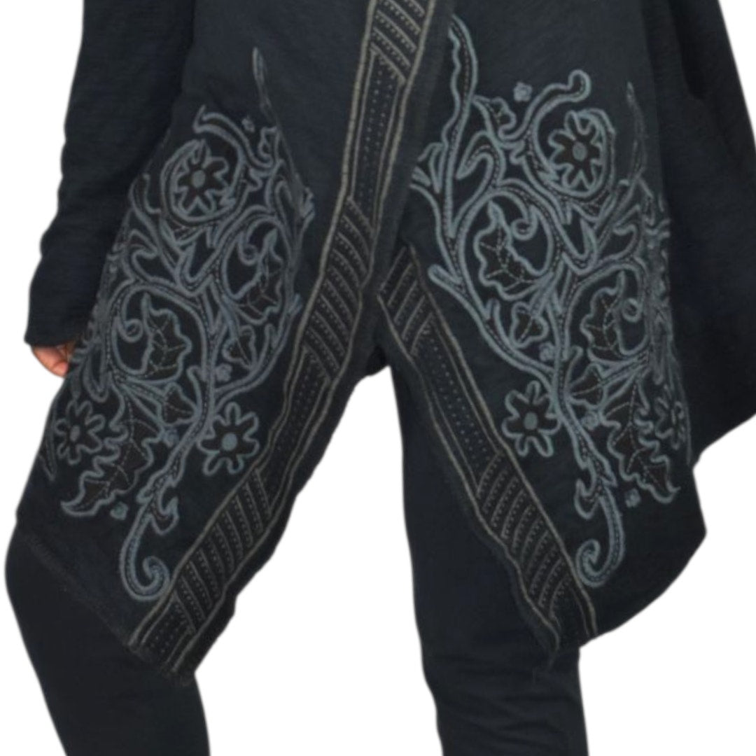Paparazzi Biz Embroidered Asymmetric Cardigan Jacket Black Duster Cotton Open Front Medium