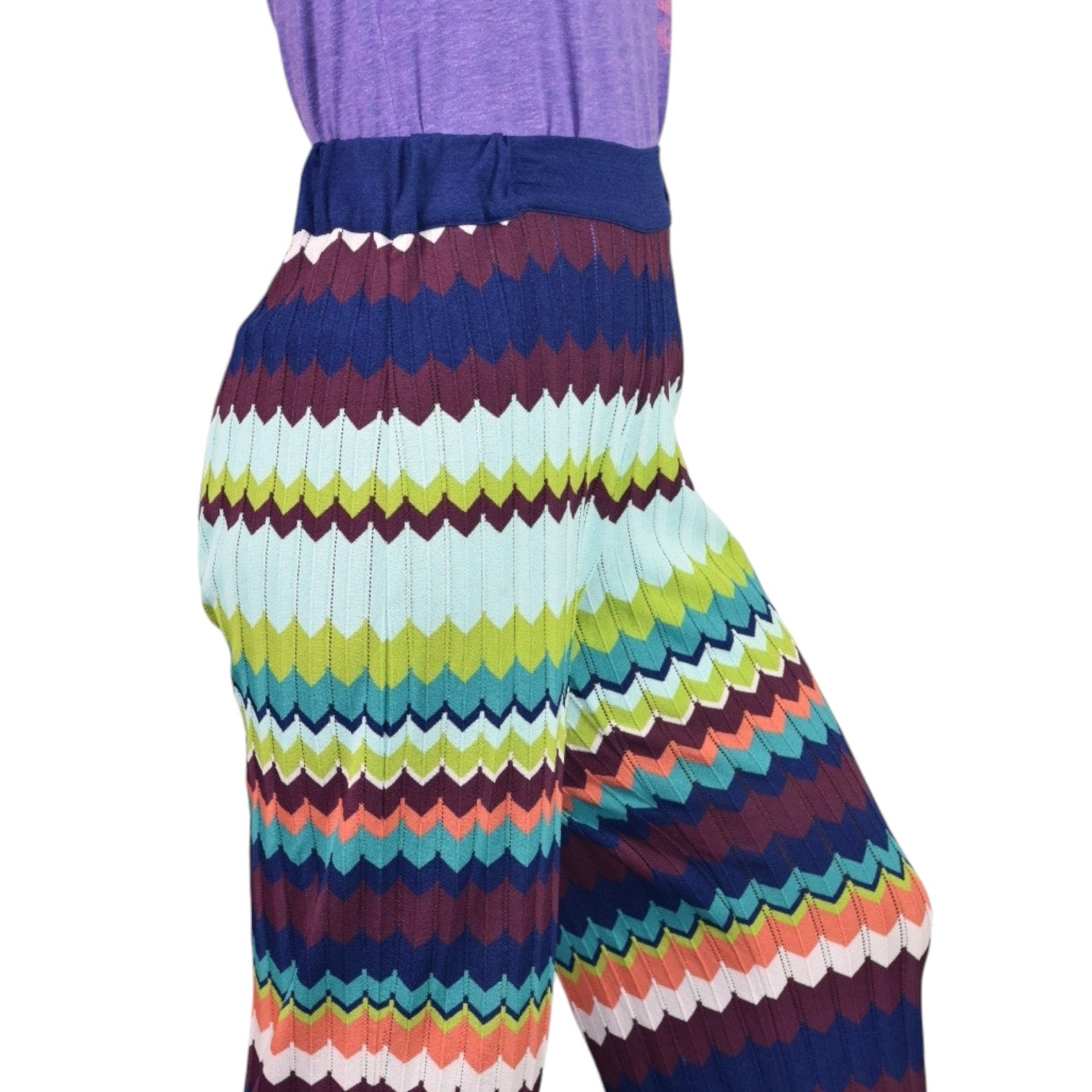 Aldomartins Pointelle Knit Pants Green Multi Zigzag Chevron Stripe Wide Leg Flare Stretch Pull On Size 6