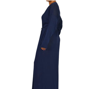 Zara Knit Maxi Dress Blue Navy Sheer V Neck Oversized Belted Caftan Long Viscose Casual Medium