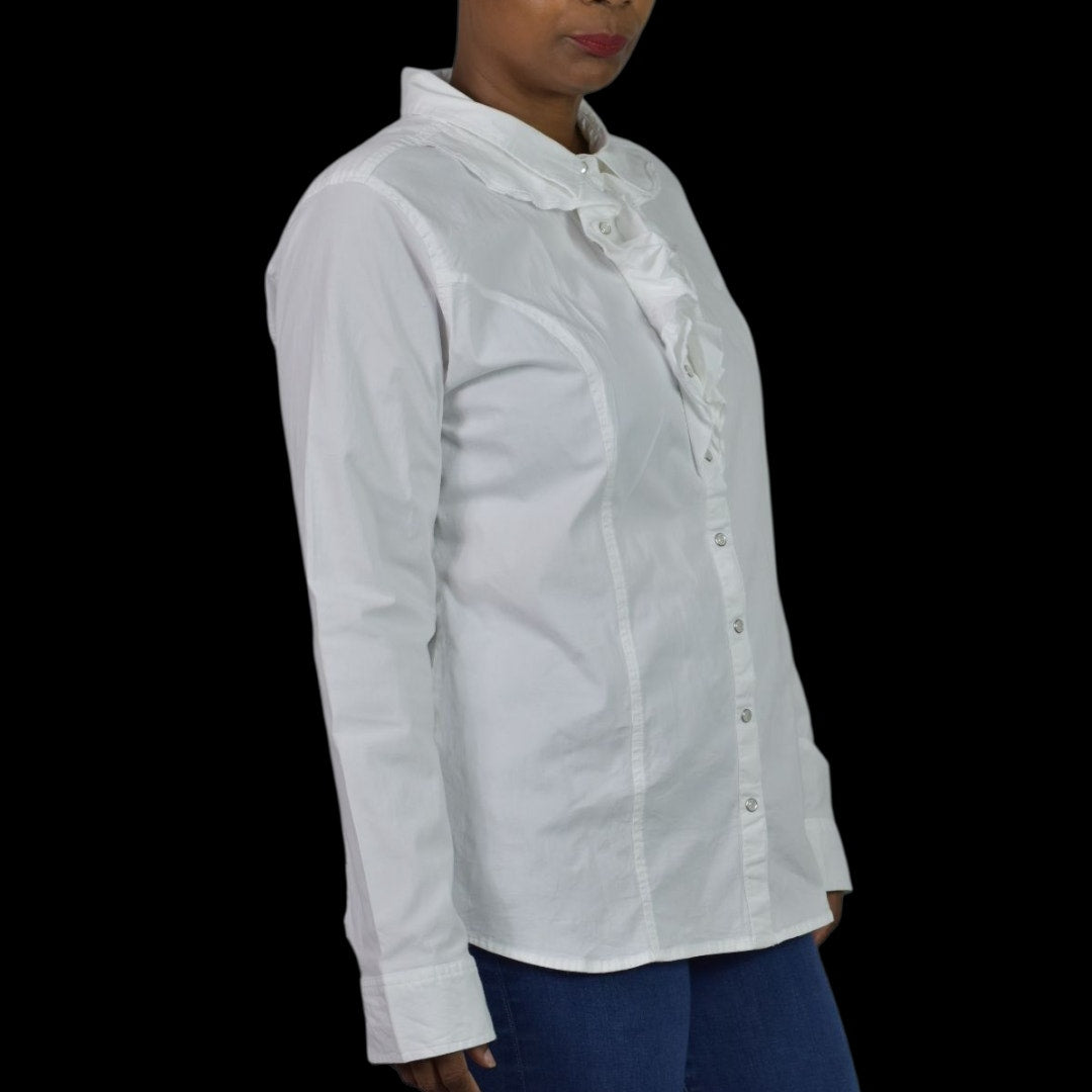 Back in the Saddle White Shirt Equestrian Cowgirl Collared Button Front Ruffled Fitted Tailored Large