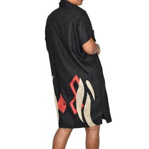 Vintage Andrea Jovine Linen Dress Black Print Abstract Embroidery Cocoon 10 Medium