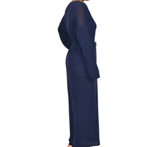 Zara Knit Maxi Dress Blue Navy Sheer V Neck Oversized Belted Caftan Long Viscose Casual Medium