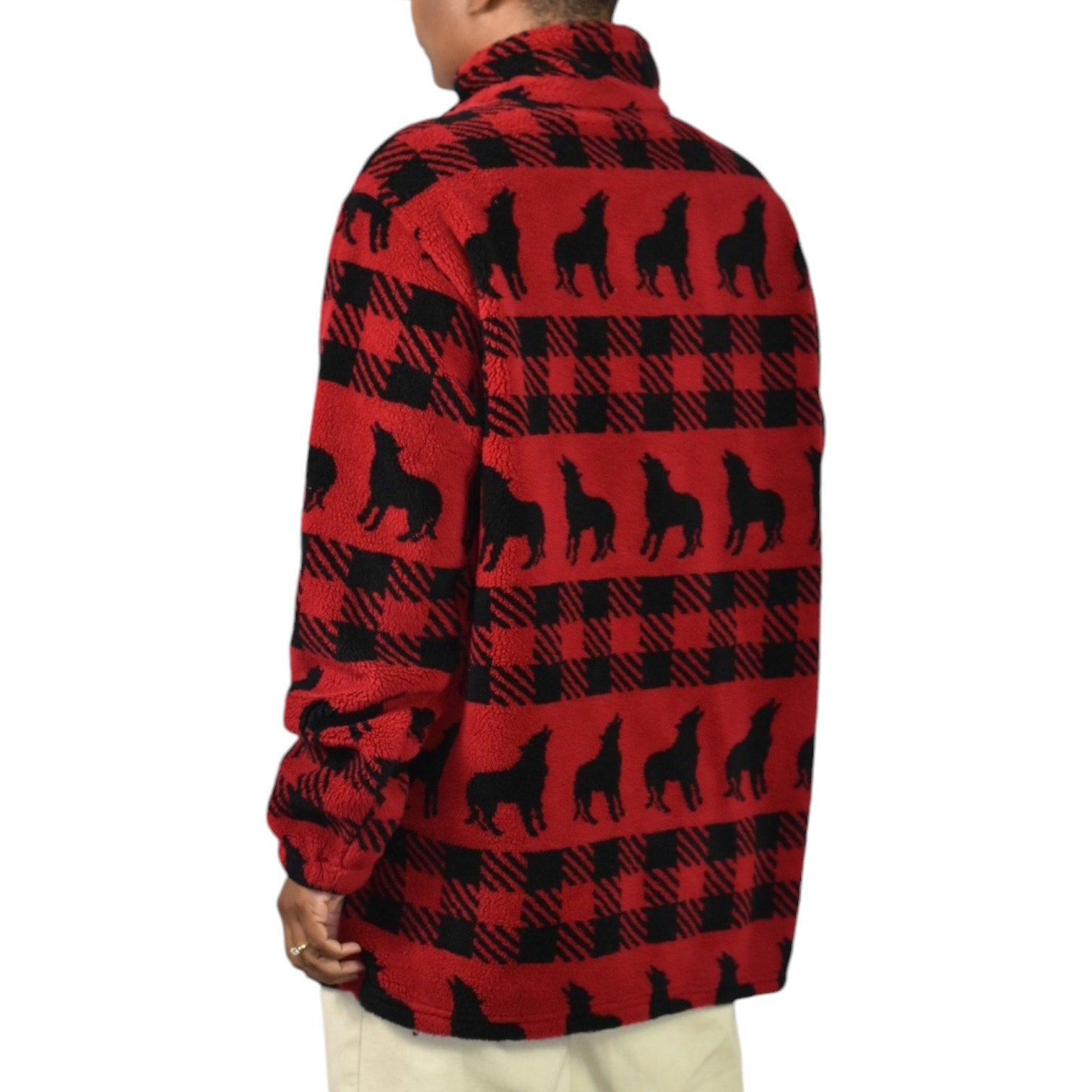 Woolrich Sherpa Fleece Jacket Red Quarter Zip Wolf Buffalo Plaid Ski Southwestern Blanket Size Large