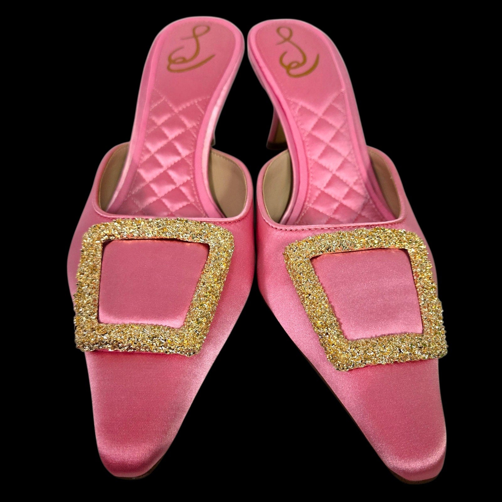 Sam Edelman Brit Satin Mules Pink Almond Toe Embellished Buckle Quilted Sole Kitten Heel 8