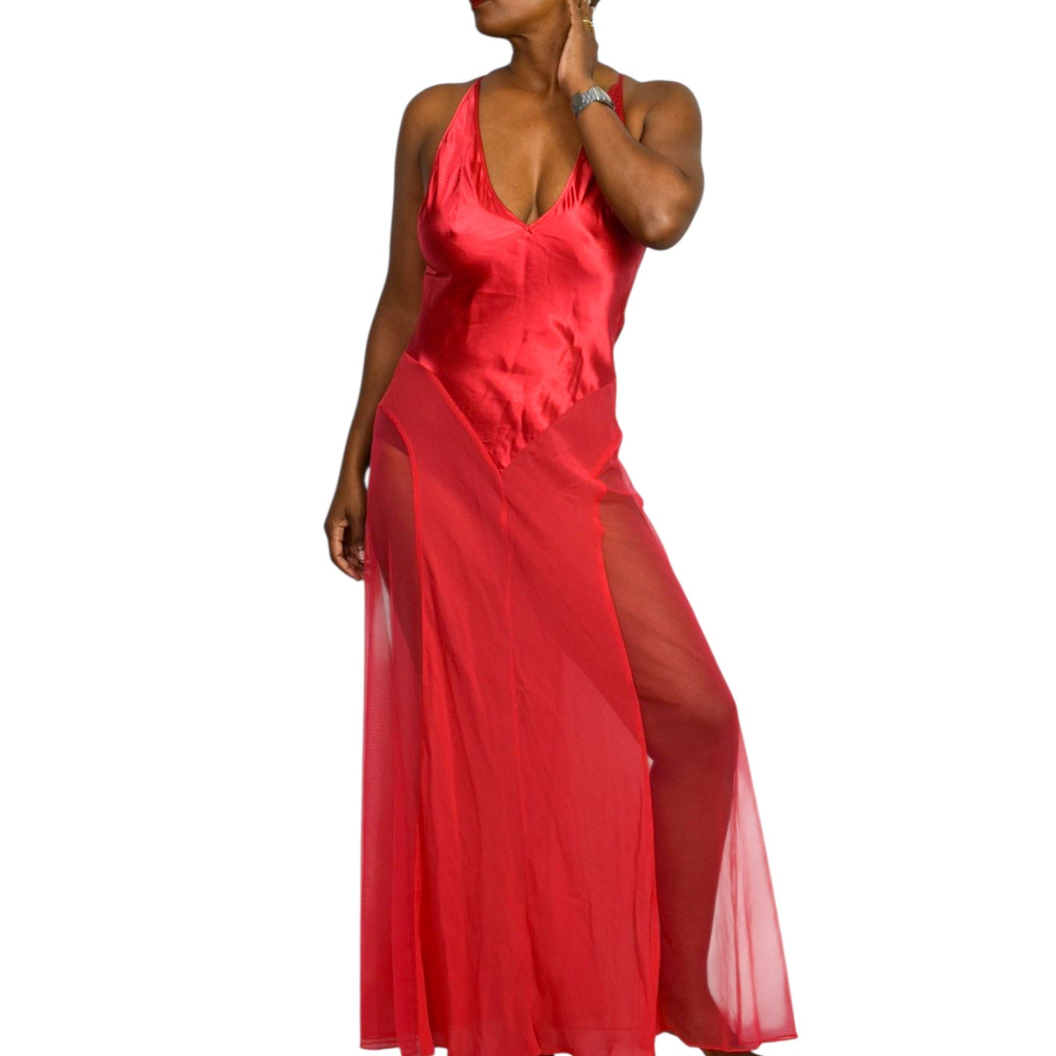 Victorias Secret Red Silk Nightgown Satin Sheer Tulle Chiffon Long Maxi Slip XS
