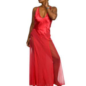Victorias Secret Red Silk Nightgown Satin Sheer Tulle Chiffon Long Maxi Slip XS
