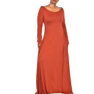 Soft Surroundings Maxi Dress Orange Clay Jersey Long Stretch Fit Flare Boatneck Medium