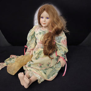 Vintage Bell Ceramics Porcelain Doll 27" Purple Violet Eyes 90s Prairie Floral Pastel Dress Custom Cloth Body