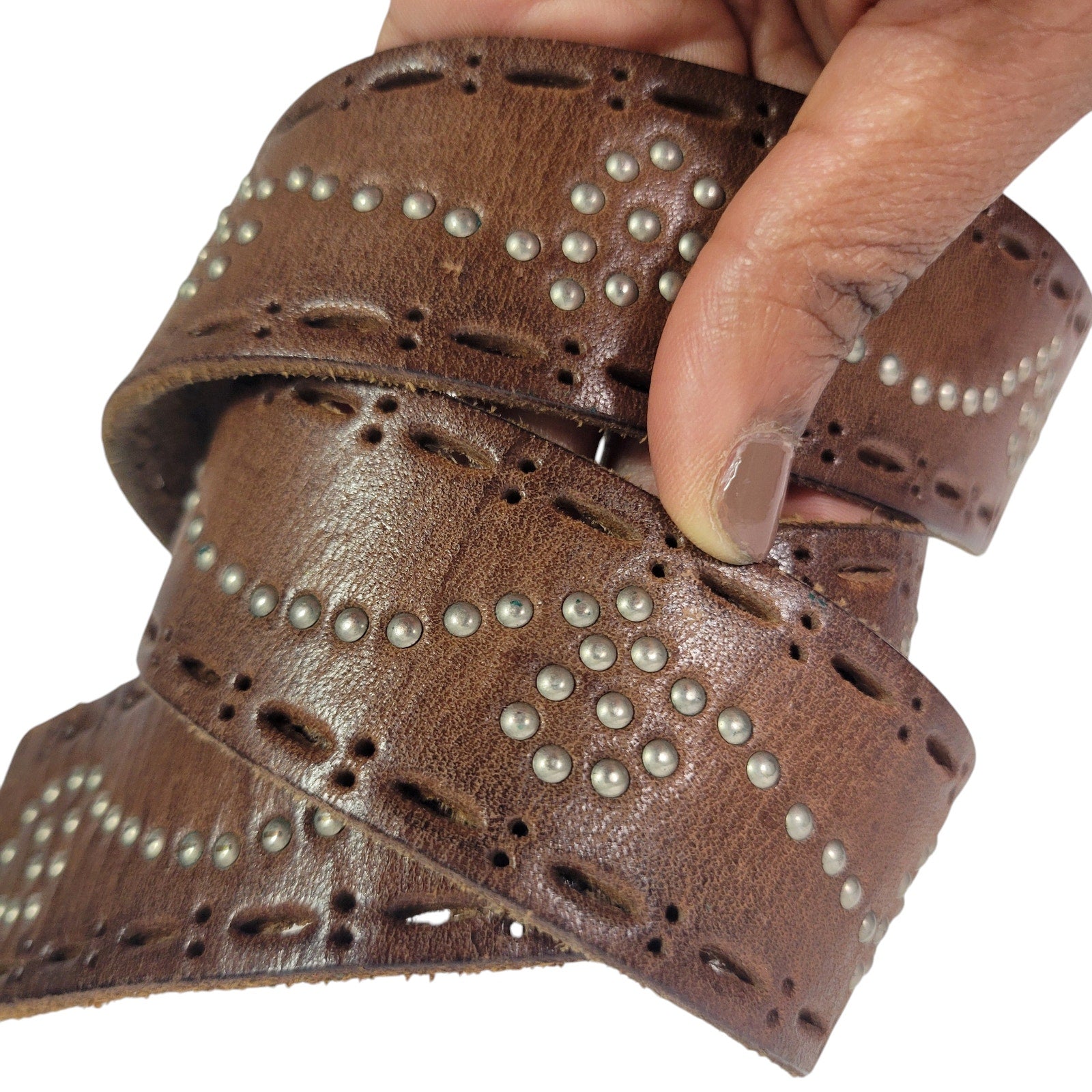 Guess Studded Leather Brown Belt Square Buckle Western Studded Perforated Y2K Vintage Medium