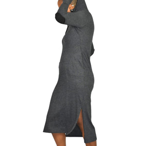 Noctex Sweater Dress Grey Charcoal Wool Midi Hooded Pockets Slits Elbow Patches XS