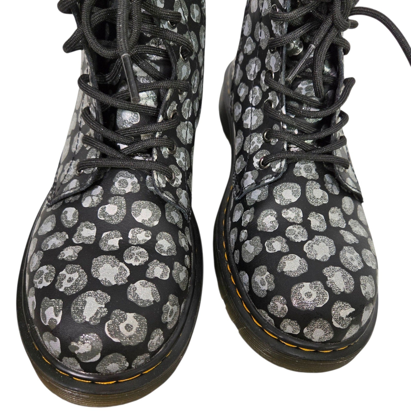 Dr Martens Junior Leopard Hydro Combat Boots Black Skulls Metallic Leather Ankle Girls 4
