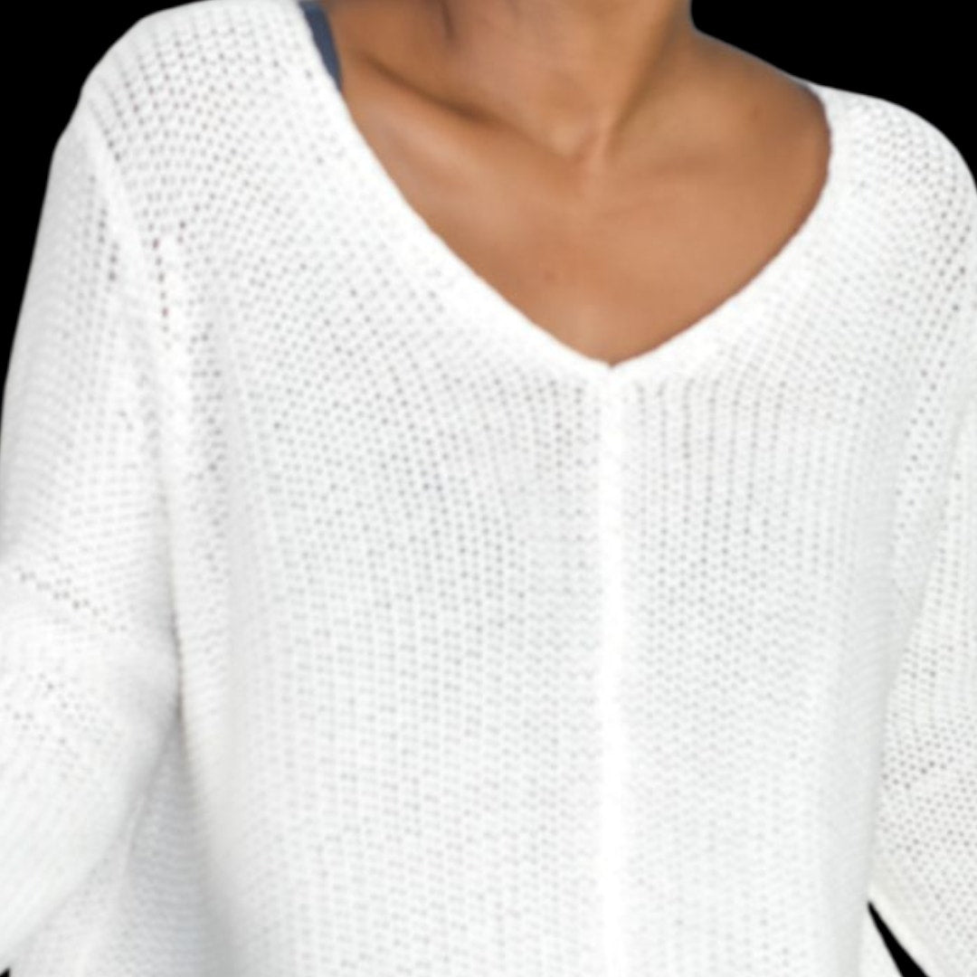 Wooden Ships Maui V Neck White Ivory Pullover Sweater Slouchy Cropped Boxy Side Slits Small Medium