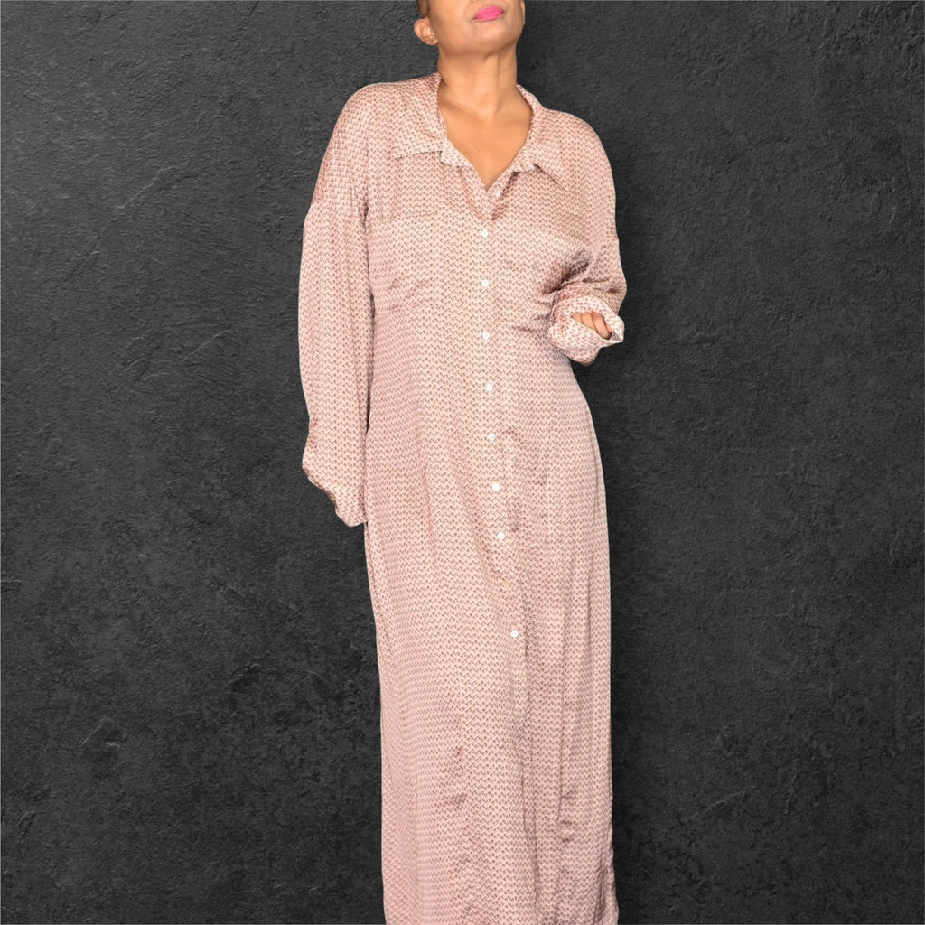 Zara Button Front Shirtdress Pink Floral Maxi Dress Satin Silky Duster Loose Block Print Plus Size XXL