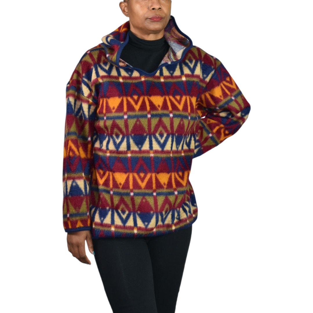 Vintage Jordache Concepts Fleece Jacket Ski Pullover Aztec Geometric Hooded 90s Medium