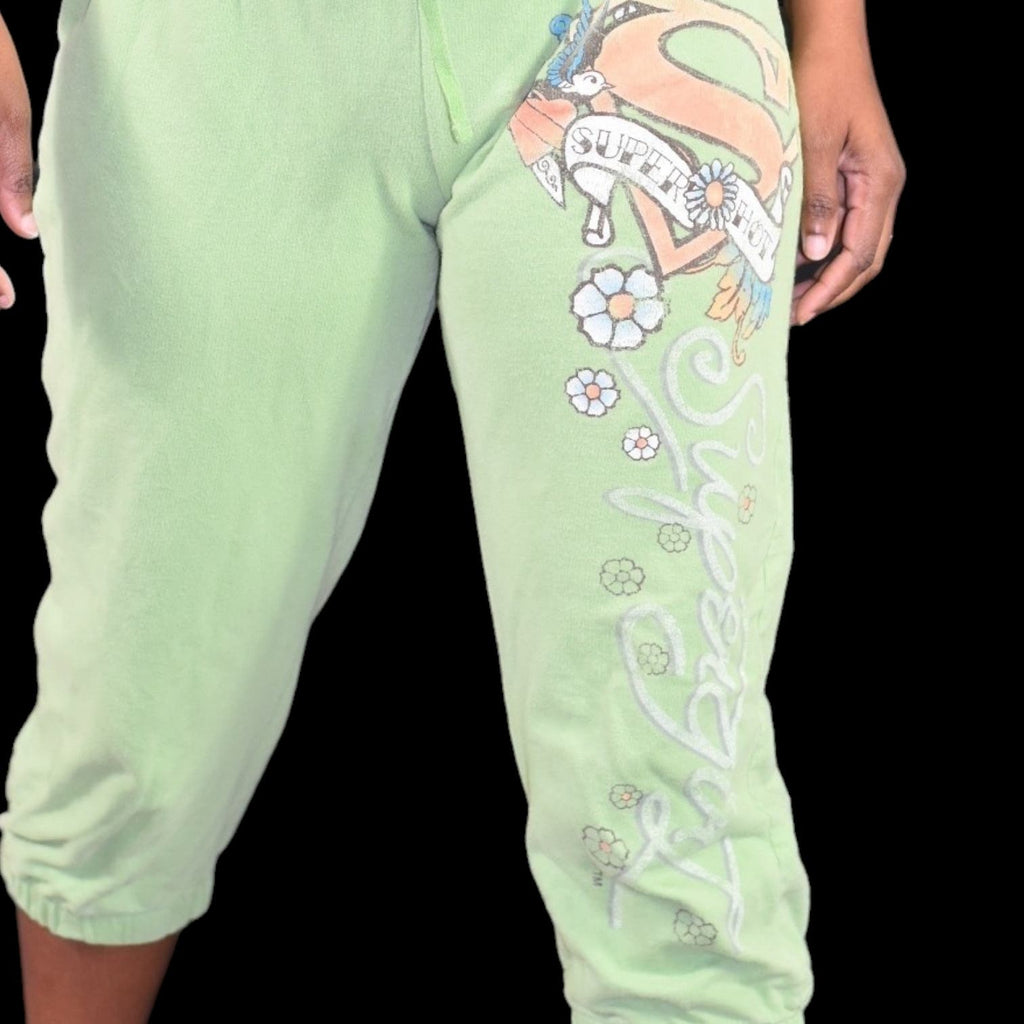 Vintage Supergirl Sweatpants Green Pastel Cropped DC Comics Tattoo Cotton Capri Pants Joggers Y2K Size Small