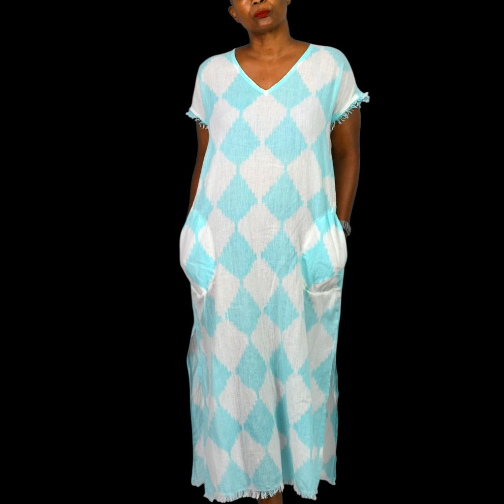 Lula Soul Cotton Caftan Blue Diamond Print Fringe Lightweight Dress Maxi Slits Cover Up Tunic XS