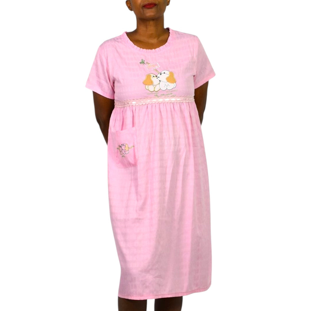 Jin Deyi Pink Puppy Dress Ribbons Dogs Embroidery Lace Pocket Smock Shift Applique Girls XXL
